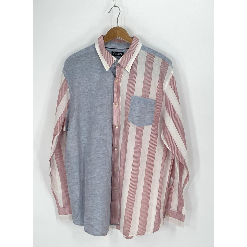 Chaps Ralph Lauren Mens Shirt XL Linen Blend USA Flag Long Sleeve Button Down